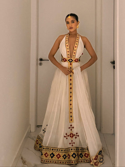 Crimson & Gold Diamond Plunging Halter Neck Ethiopian Dress Backless Handloomed Habesha Kemis 1191