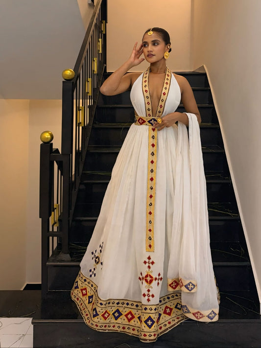 Crimson & Gold Plunging Halter habesha kemis online Fine habesha cloth