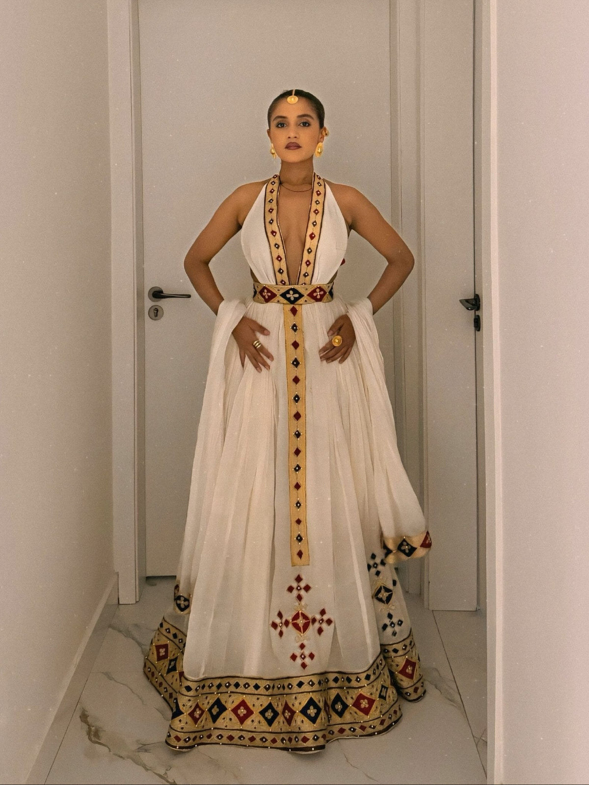 Crimson & Gold Diamond Plunging Halter Neck Ethiopian Dress Backless Handloomed Habesha Kemis 1191