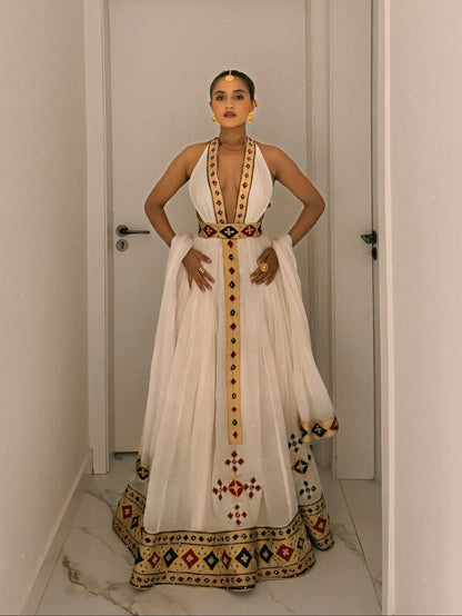 Crimson & Gold Diamond Plunging Halter Neck Ethiopian Dress Backless Handloomed Habesha Kemis 1191