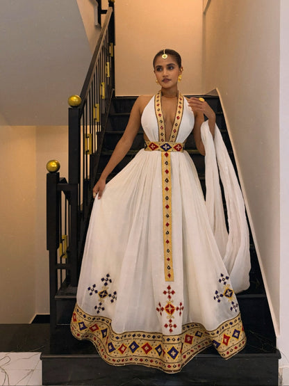 Crimson & Gold Diamond Plunging Halter Neck Ethiopian Dress Backless Handloomed Habesha Kemis 1191