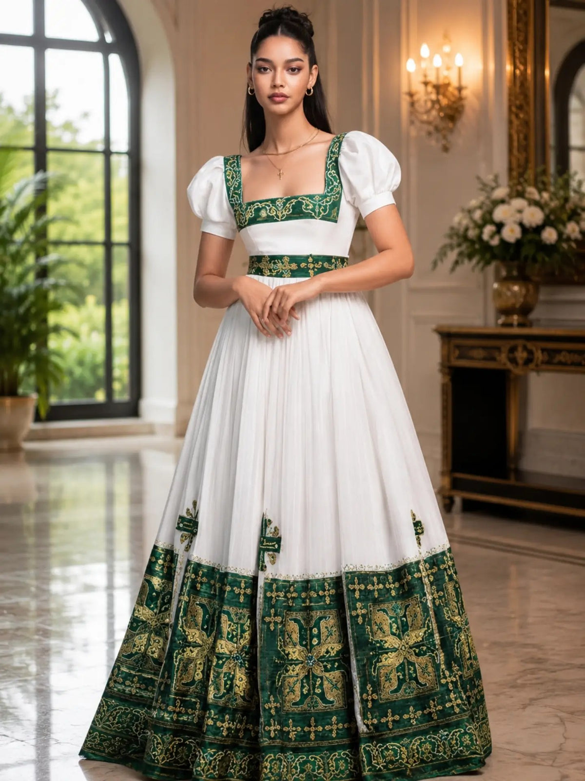 Buy AI-Generated Habesha Kemis Online Forest Green Puff Sleeve Ethiopian Traditional Dress