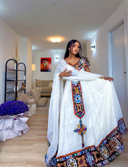 Multicolored Vibrant Tapestry Yoke Habesha Dress V-Neck Short Sleeve Handloomed Ethiopian Traditional Dress 1194