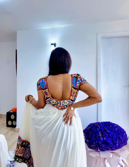 Multicolored Vibrant Tapestry Yoke Habesha Dress V-Neck Short Sleeve Handloomed Ethiopian Traditional Dress 1194
