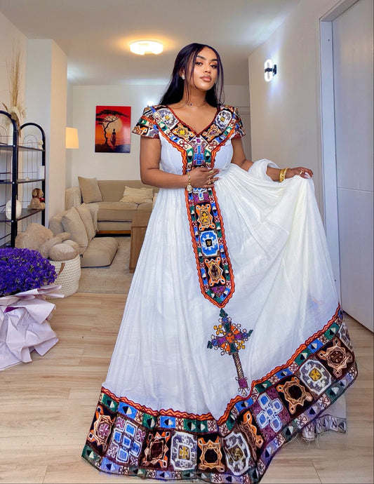 Kaleidoscope Geometric Mosaic Yoke habesha kemis online Woven habesha cloth
