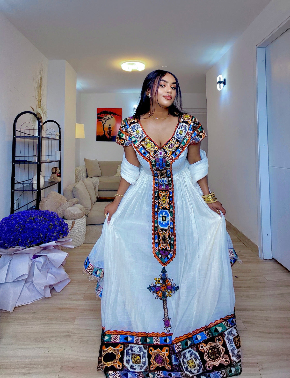 Multicolored Vibrant Tapestry Yoke Habesha Dress V-Neck Short Sleeve Handloomed Ethiopian Traditional Dress 1194