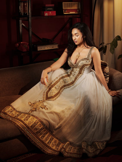 Bronze & Warm Gold Filigree Ethiopian Clothing Sleeveless Eritrean dress with Central Tilf 1195