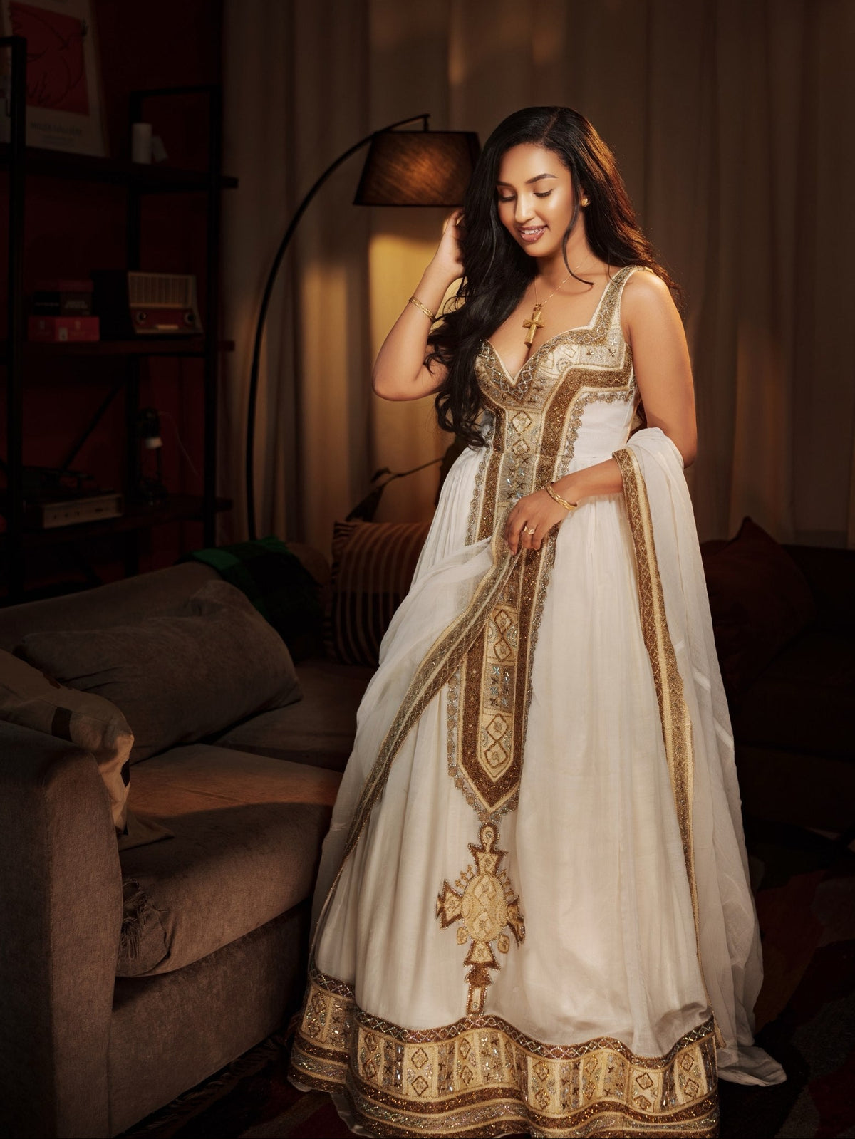Bronze & Warm Gold Filigree Ethiopian Clothing Sleeveless Eritrean dress with Central Tilf 1195