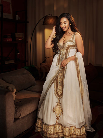 Bronze & Warm Gold Filigree Ethiopian Clothing Sleeveless Eritrean dress with Central Tilf 1195