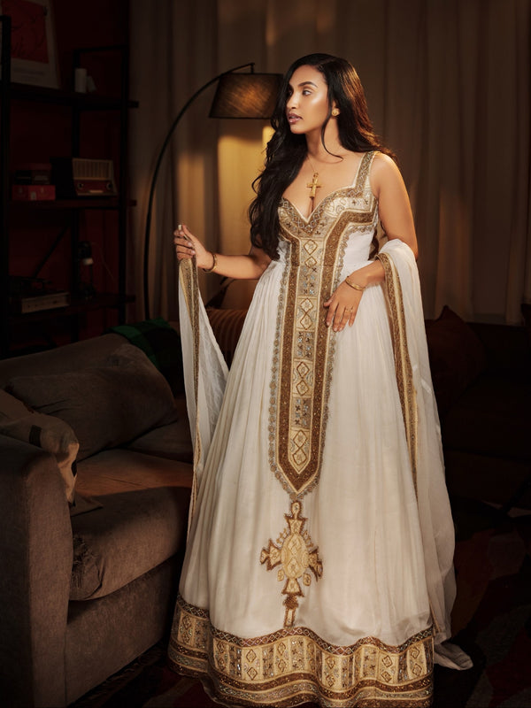 Bronze & Warm Gold Filigree Ethiopian Clothing Sleeveless Eritrean dress with Central Tilf 1195