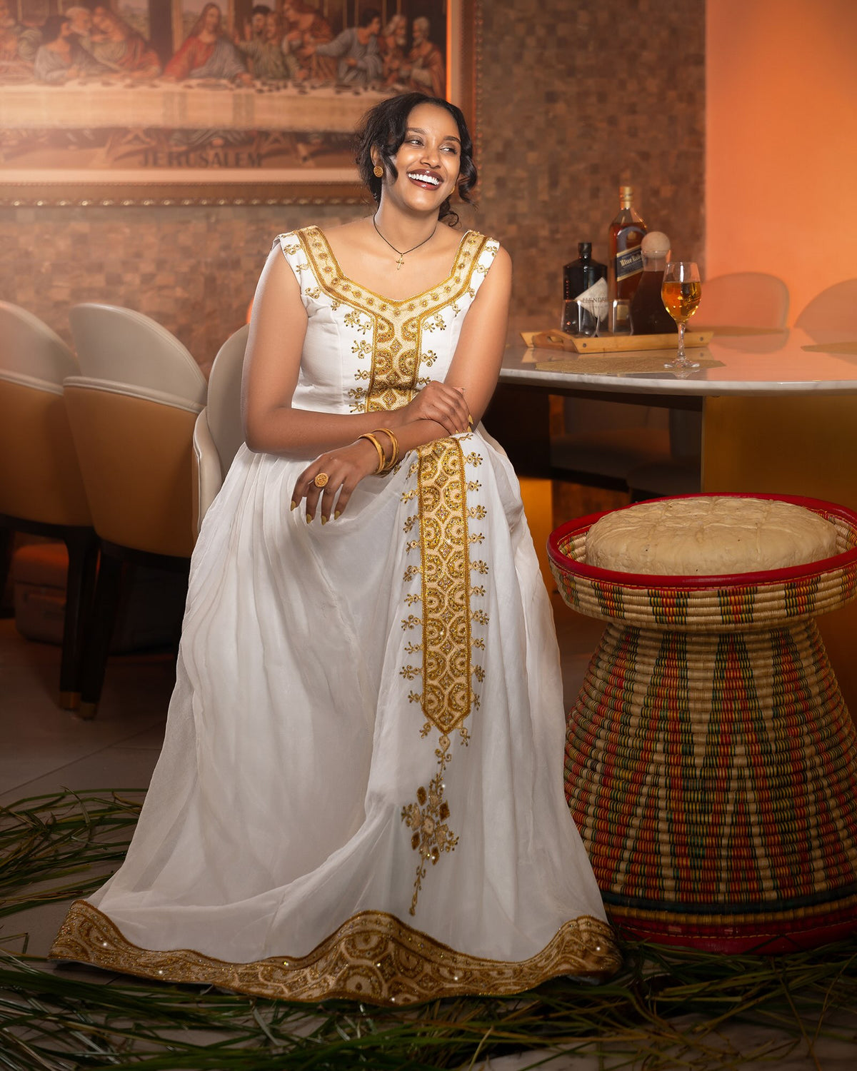 Brilliant Gold Filigree Habesha Dress Sleeveless V-Neck Handloomed Traditional Ethiopian dress with Central Tilf 1196