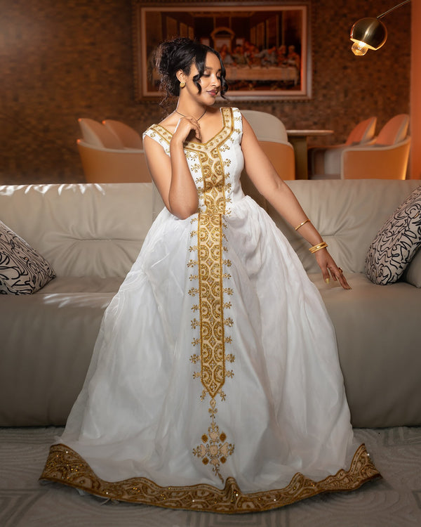 Brilliant Gold Filigree Sleeveless Gown Woven habesha cloth