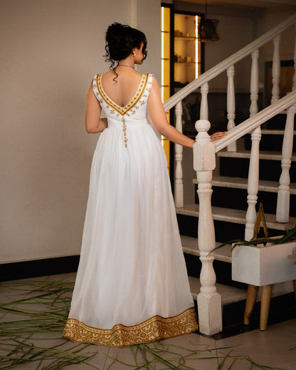 Brilliant Gold Filigree Habesha Dress Sleeveless V-Neck Handloomed Traditional Ethiopian dress with Central Tilf 1196