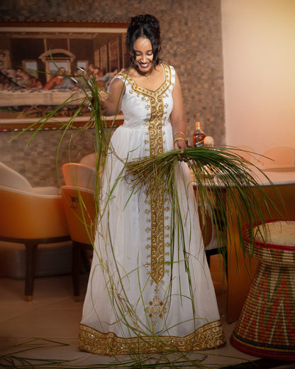 Brilliant Gold Filigree Habesha Dress Sleeveless V-Neck Handloomed Traditional Ethiopian dress with Central Tilf 1196
