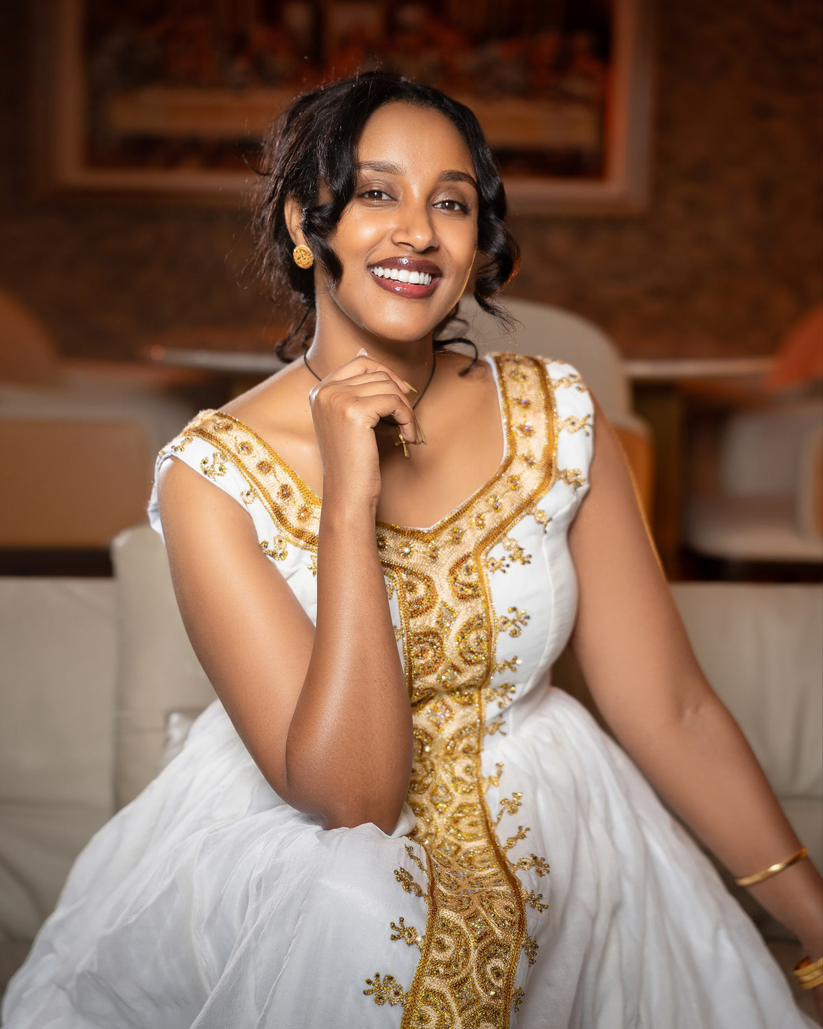 Brilliant Gold Filigree Habesha Dress Sleeveless V-Neck Handloomed Traditional Ethiopian dress with Central Tilf 1196