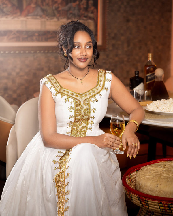 Brilliant Gold Filigree Habesha Dress Sleeveless V-Neck Handloomed Traditional Ethiopian dress with Central Tilf 1196