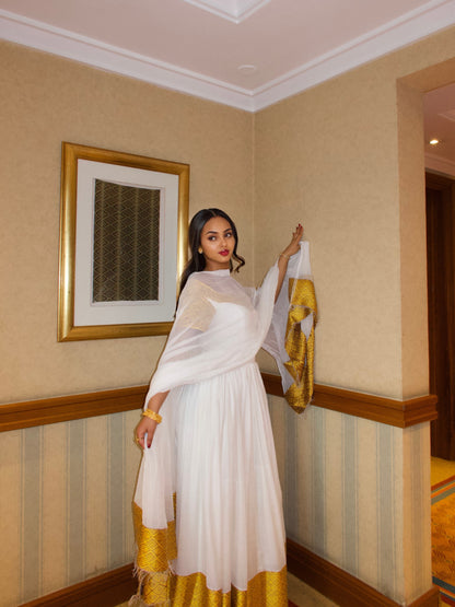 Off-Shoulder Gold Tapestry Border Ethiopian Clothing Handwoven Habesha Kemis Stylish Habesha Dress 1197