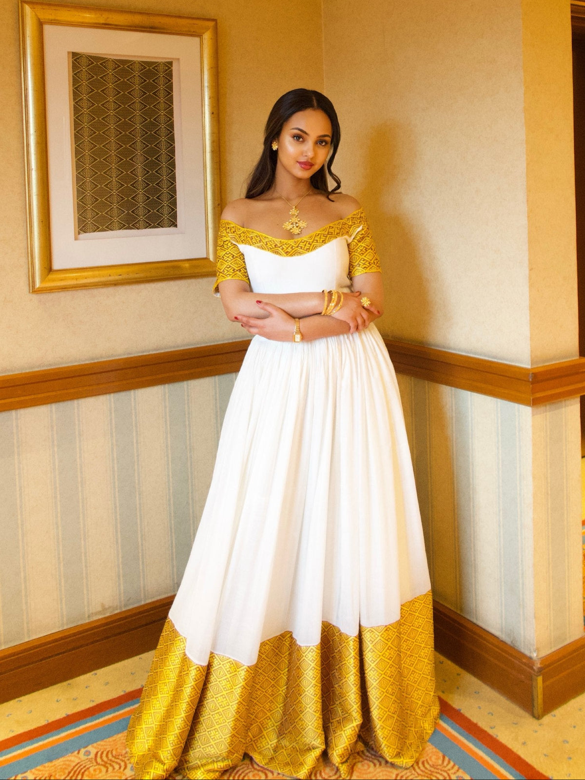 Off-the-Shoulder Gold Tapestry Border Handloomed Traditional Ethiopian dress 
