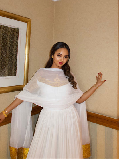 Off-Shoulder Gold Tapestry Border Ethiopian Clothing Handwoven Habesha Kemis Stylish Habesha Dress 1197