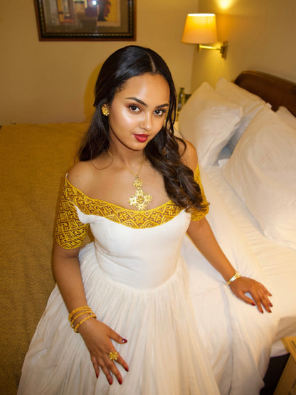 Off-Shoulder Gold Tapestry Border Ethiopian Clothing Handwoven Habesha Kemis Stylish Habesha Dress 1197
