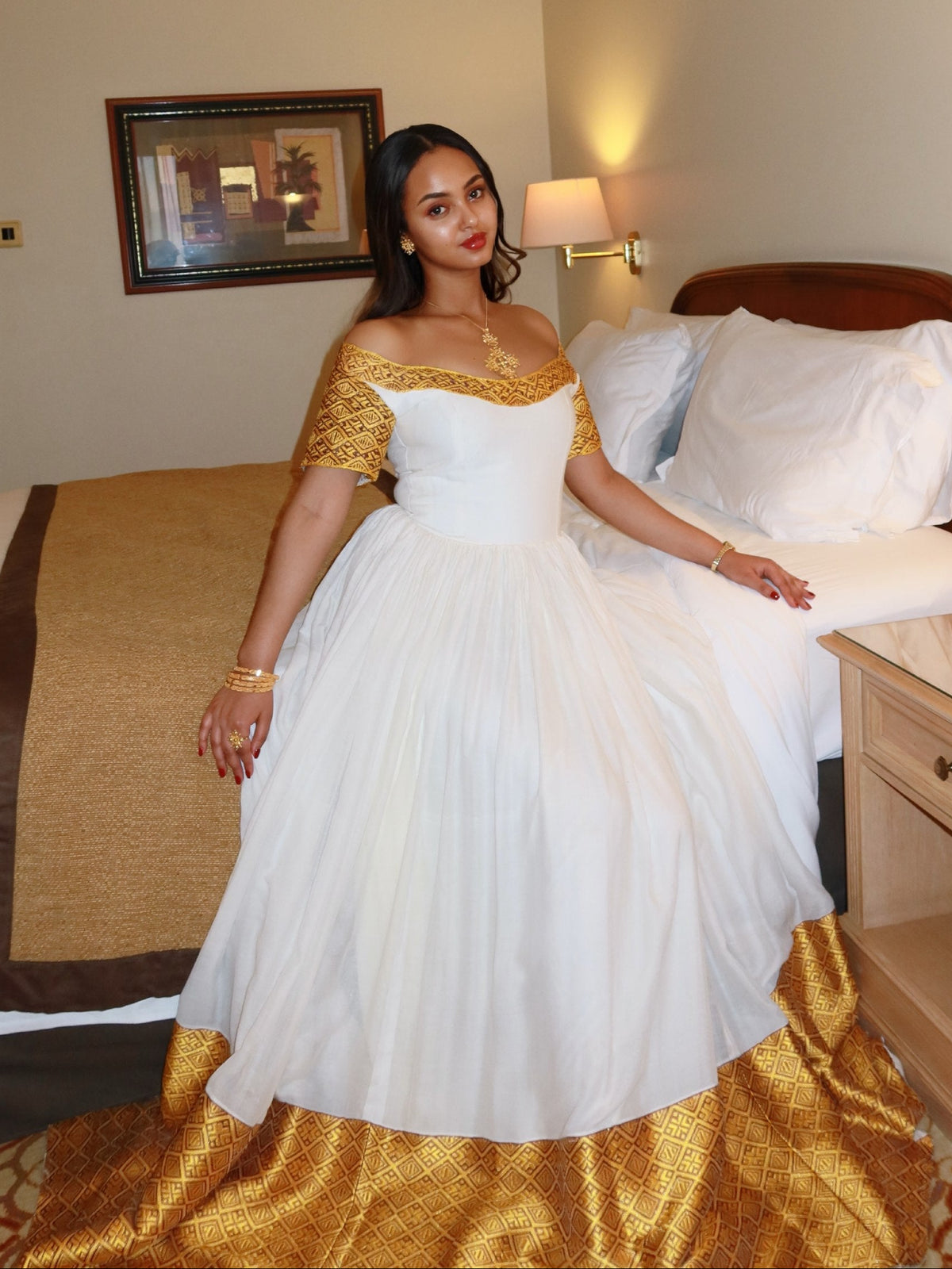 Off-Shoulder Gold Tapestry Border Ethiopian Clothing Handwoven Habesha Kemis Stylish Habesha Dress 1197