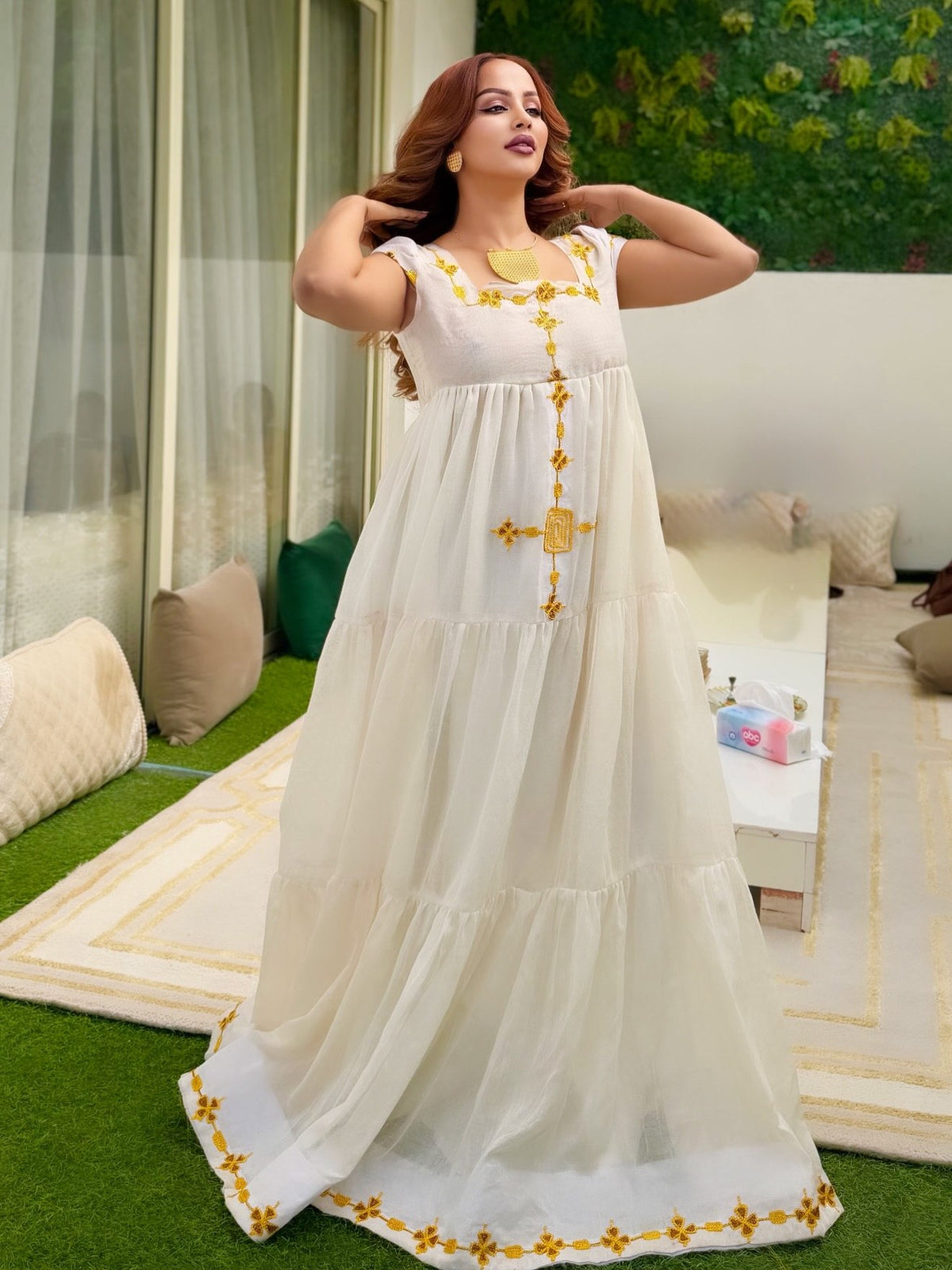 Golden Floral Cross Tiered Gown Fine habesha cloth