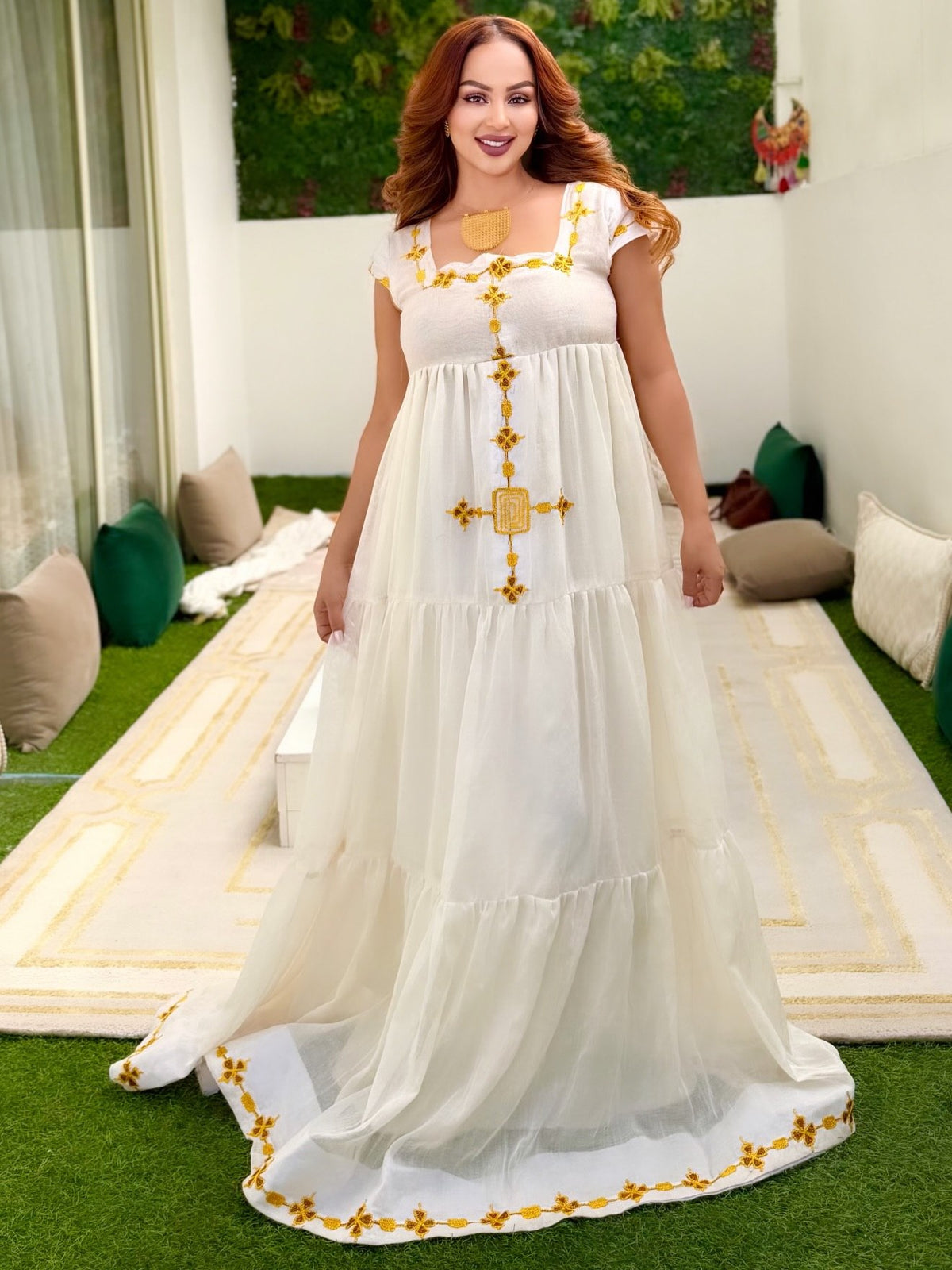 Golden Yellow Floral Habesha Dress Cross Square Neck Habesha Kemis Sleeveless Tiered Ethiopian dress 1198