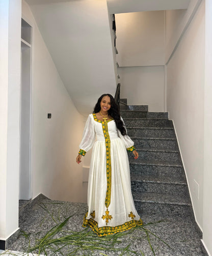 Emerald Green & Yellow Woven Habesha Kemis Long Sheer Bishop Sleeve Traditional Ethiopian dress 1199