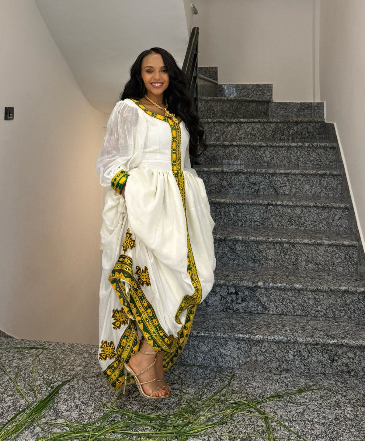 Emerald Green & Yellow Woven Habesha Kemis Long Sheer Bishop Sleeve Traditional Ethiopian dress 1199