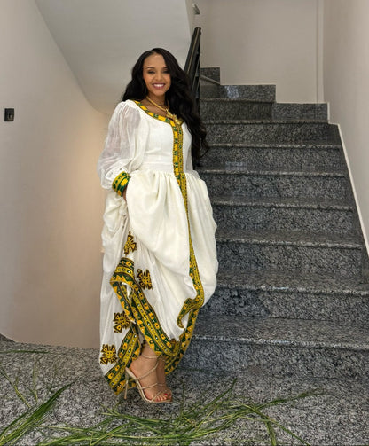 Emerald Green & Yellow Woven Habesha Kemis Long Sheer Bishop Sleeve Traditional Ethiopian dress 1199