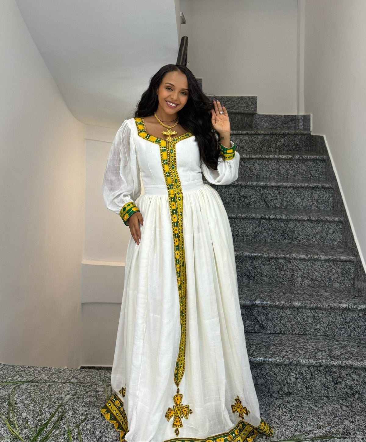 Emerald Green & Yellow Woven Habesha Kemis Long Sheer Bishop Sleeve Traditional Ethiopian dress 1199