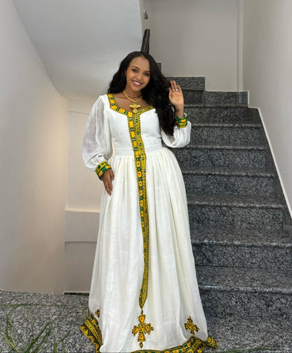 Emerald Green & Yellow Woven Habesha Kemis Long Sheer Bishop Sleeve Traditional Ethiopian dress 1199