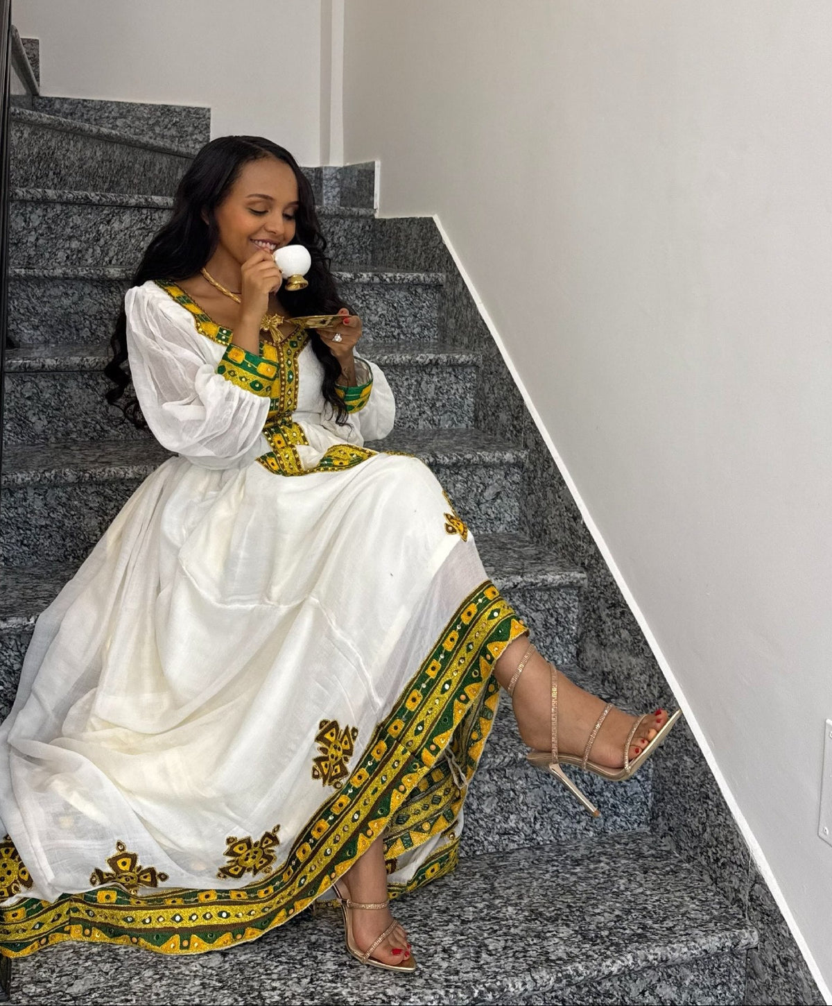 Emerald Green & Yellow Woven Habesha Kemis Long Sheer Bishop Sleeve Traditional Ethiopian dress 1199