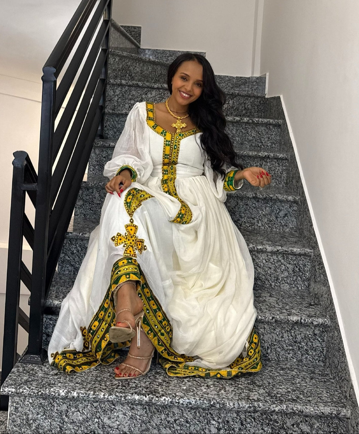 Emerald Green & Yellow Woven Habesha Kemis Long Sheer Bishop Sleeve Traditional Ethiopian dress 1199