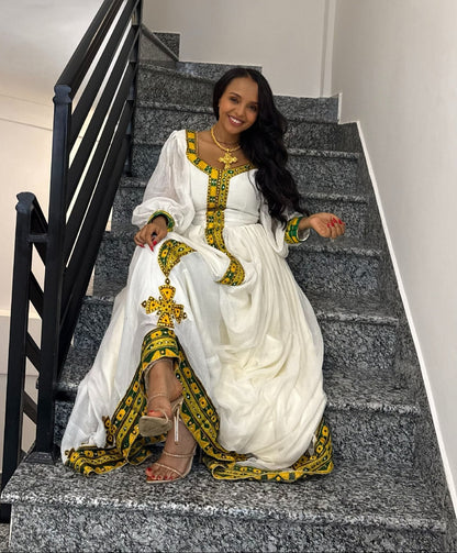 Emerald Green & Yellow Woven Habesha Kemis Long Sheer Bishop Sleeve Traditional Ethiopian dress 1199