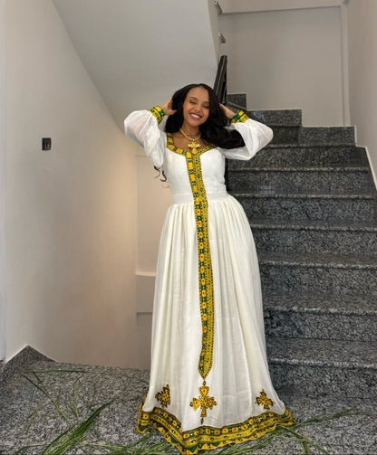 Emerald Green & Yellow Woven Habesha Kemis Long Sheer Bishop Sleeve Traditional Ethiopian dress 1199