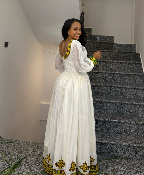 Emerald Green & Yellow Woven Habesha Kemis Long Sheer Bishop Sleeve Traditional Ethiopian dress 1199