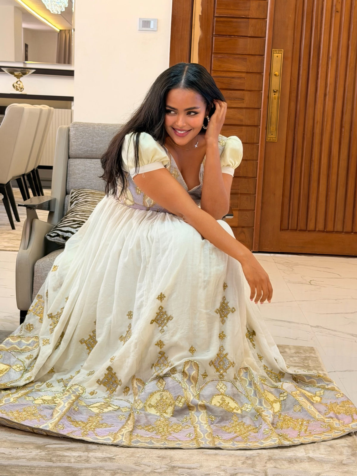 Soft Lavender Ethiopian Clothing Gold V-Neck Puff Sleeve Handloomed Traditional Habesha Kemis Design 1202