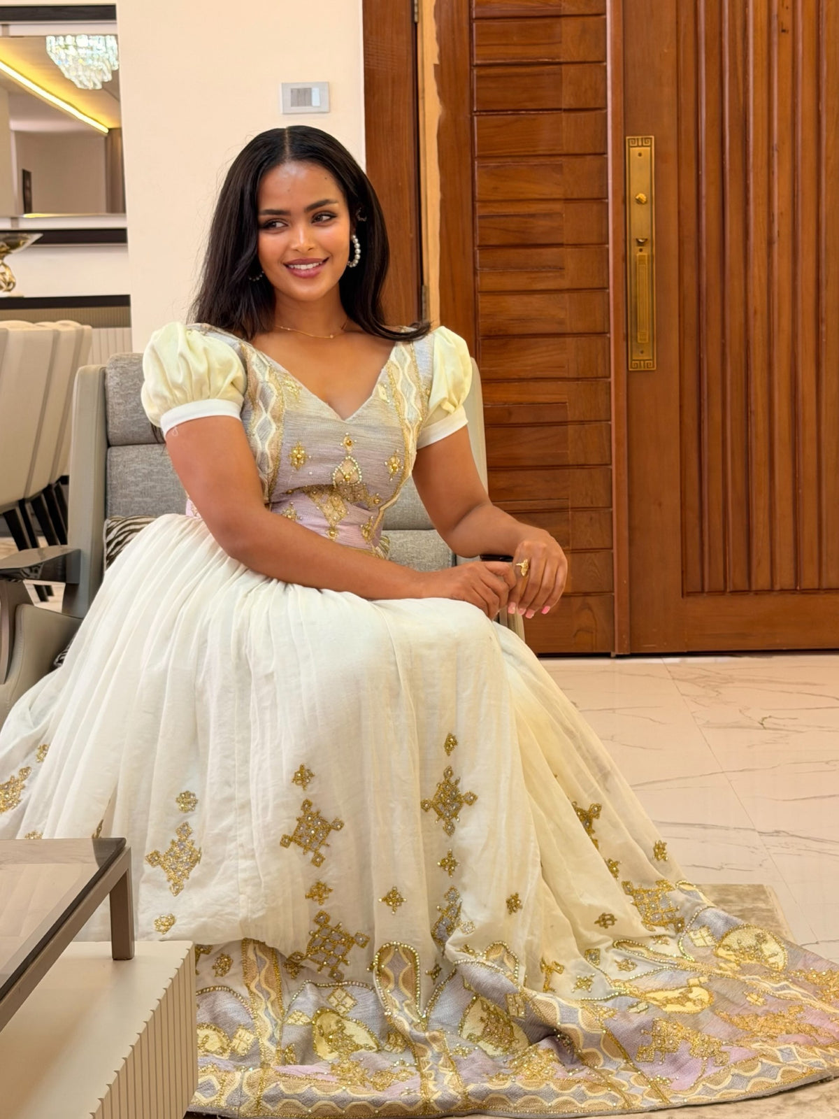 Soft Lavender Ethiopian Clothing Gold V-Neck Puff Sleeve Handloomed Traditional Habesha Kemis Design 1202