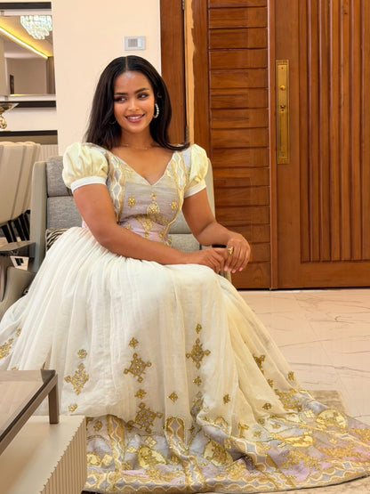 Soft Lavender Ethiopian Clothing Gold V-Neck Puff Sleeve Handloomed Traditional Habesha Kemis Design 1202