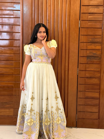 Soft Lavender Ethiopian Clothing Gold V-Neck Puff Sleeve Handloomed Traditional Habesha Kemis Design 1202