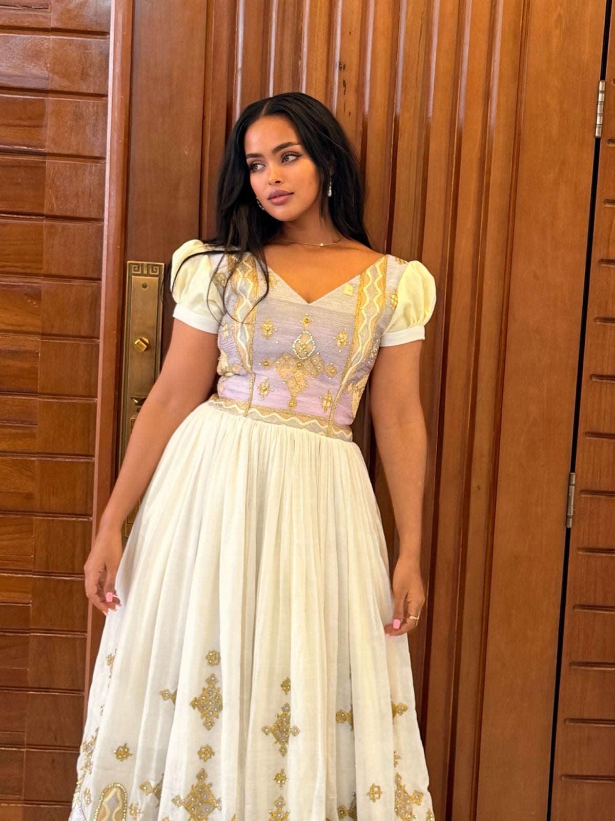 Soft Lavender Ethiopian Clothing Gold V-Neck Puff Sleeve Handloomed Traditional Habesha Kemis Design 1202