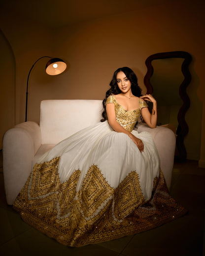 Royal Gold Corset Bodice Habesha Kemis Off-the-Shoulder Ethiopian wedding dress Gown with Wide Tapestry Skirt Border 1201