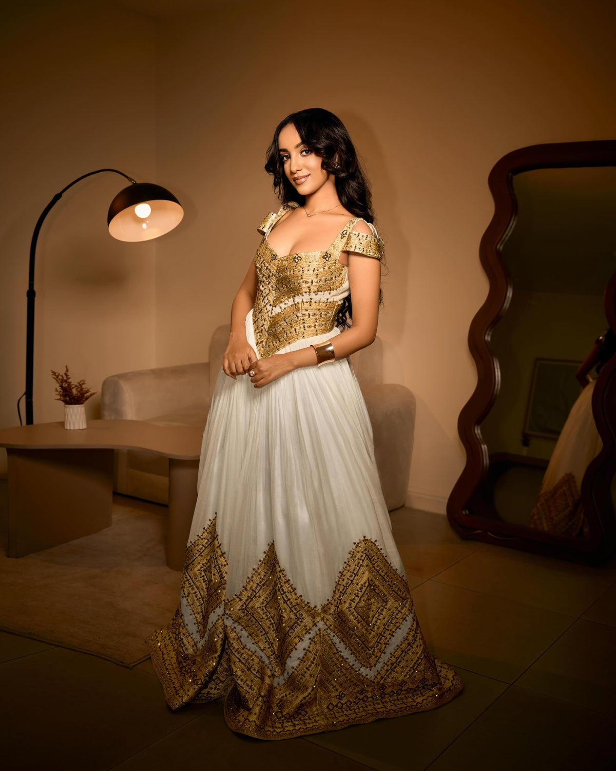 Royal Gold Corset Bodice Habesha Kemis Off-the-Shoulder Ethiopian wedding dress Gown with Wide Tapestry Skirt Border 1201