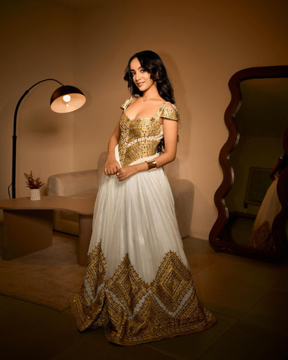 Royal Gold Corset Bodice Habesha Kemis Off-the-Shoulder Ethiopian wedding dress Gown with Wide Tapestry Skirt Border 1201
