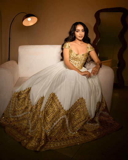 Royal Gold Corset Bodice Habesha Kemis Off-the-Shoulder Ethiopian wedding dress Gown with Wide Tapestry Skirt Border 1201