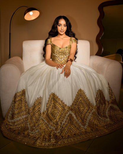 Royal Gold Corset Bodice Habesha Kemis Off-the-Shoulder Ethiopian wedding dress Gown with Wide Tapestry Skirt Border 1201