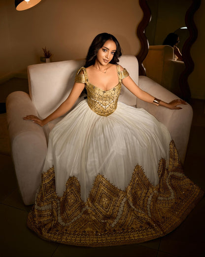 Royal Gold Corset Bodice Habesha Kemis Off-the-Shoulder Ethiopian wedding dress Gown with Wide Tapestry Skirt Border 1201