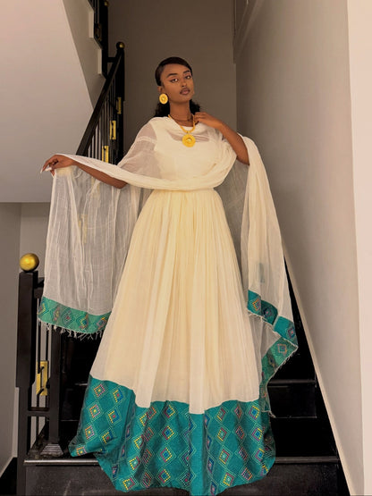 Emerald Green & Teal Border Gown Fine habesha cloth