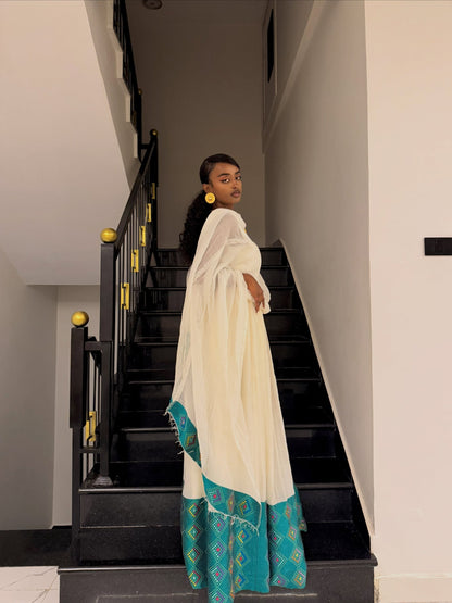 Emerald Green & Teal Diamond Habesha Kemis Geometric Border Handloomed Traditional Ethiopian Clothing 1203
